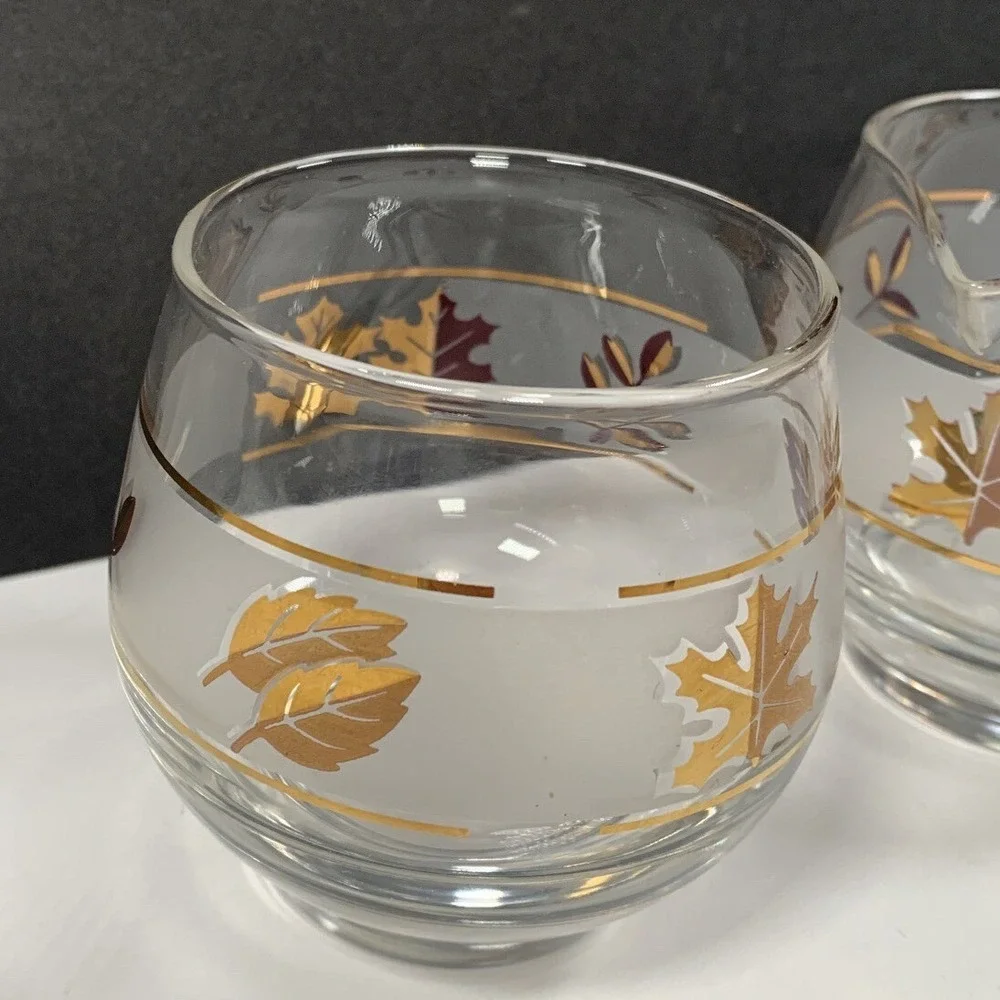 Libbey Glass Creamer Sugar Bowl Set Frosted Leaf Design Gold Trim Retro Vintage